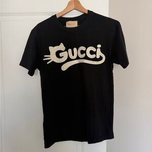 Gucci Black Short Sleeve Tee with Cat Crystal Studded Logo
